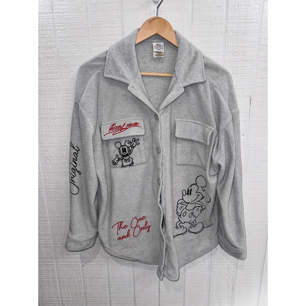 Disney Mickey Mouse Shacket Women Heather Grey Fleece Embroidered Button Up L